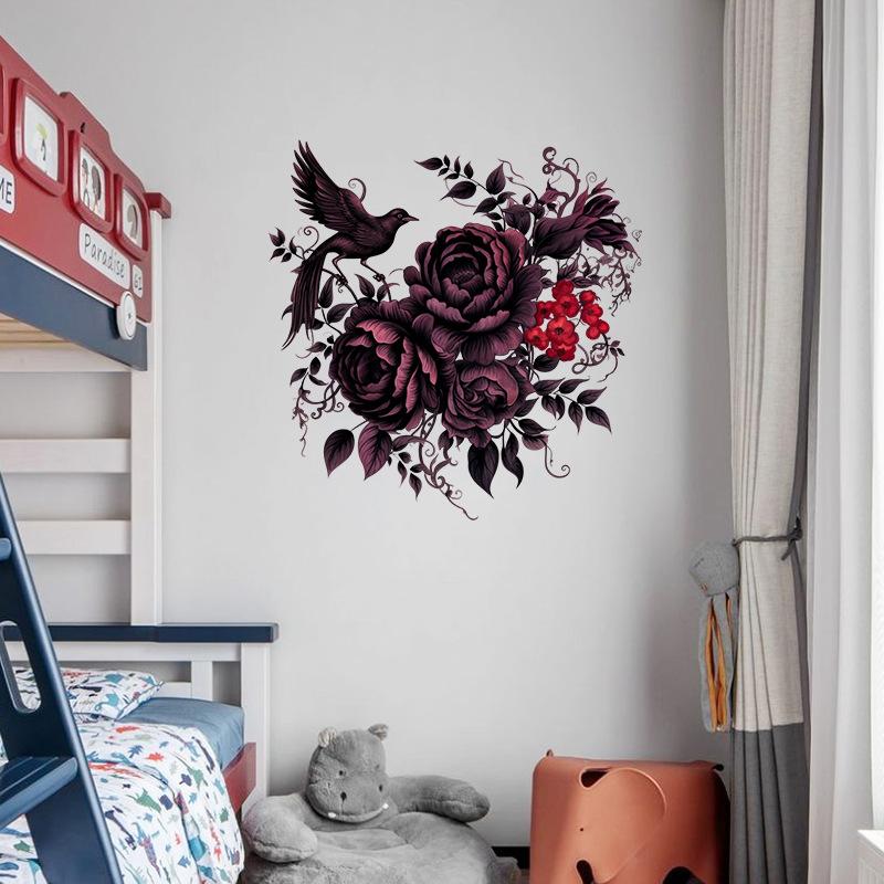 Purple Black Peony Flower Bird Wall Sticker Self Adhesive Removable Decal for Bedroom Living Room Home Decor Vinyl Art Mural