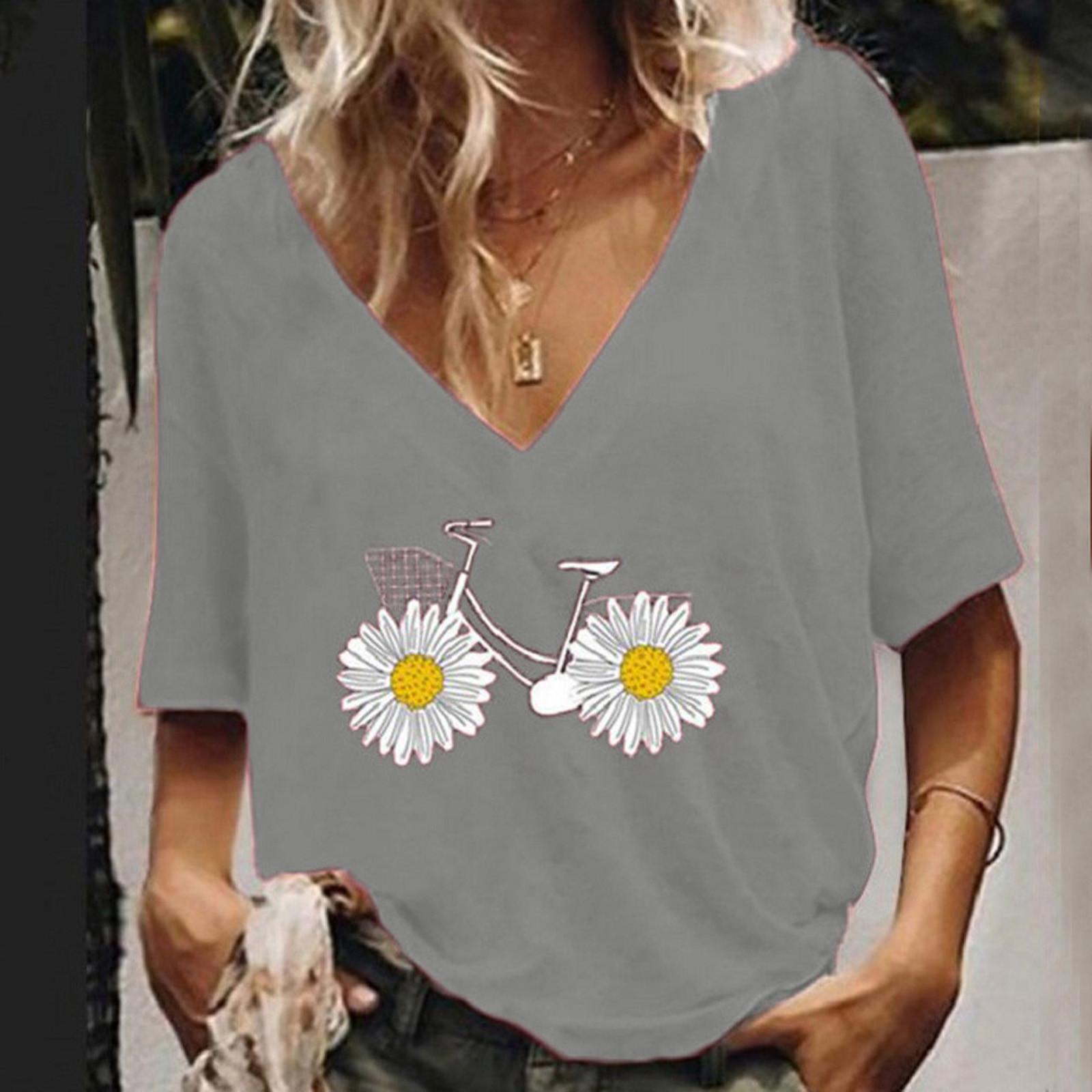 

Модная женская блузка с коротким рукавом с v-образным вырезом и принтом, легкие топы S серый