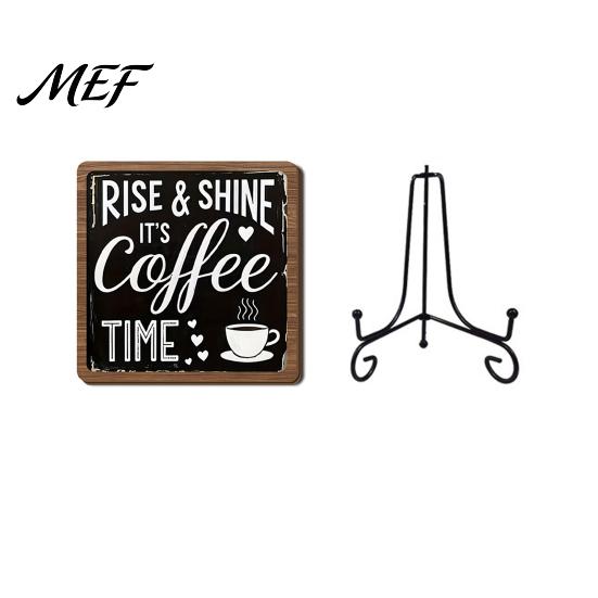 Wooden Coffee Bean Decor Bar Sign with Iron Stand, Vintage Black & White Cafe Desktop Display Stand Wall Art, Rustic Tabletop or Hanging Frame