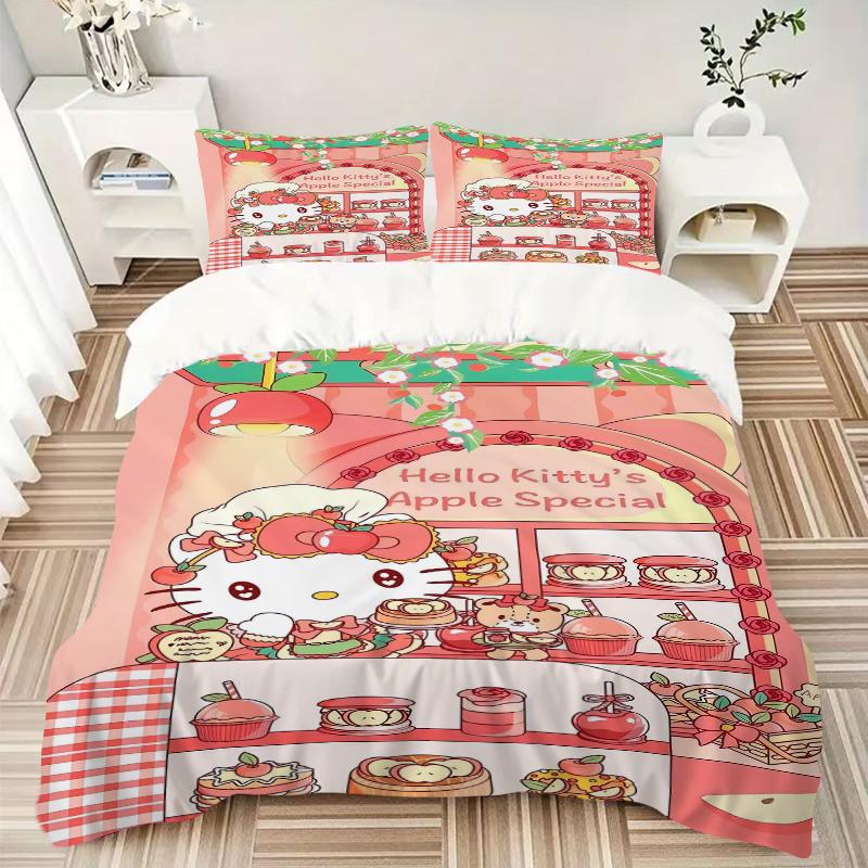 3pcs Sweet Celebration of Flavors and Friends Hello Kitty Quilt Cover Set - Soft & Comfortable Polyester Fabric, All-Season Breathable Comforter