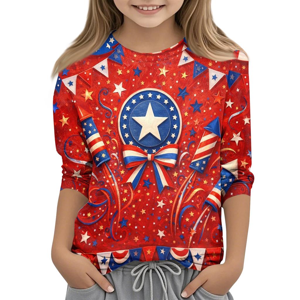 Children's Independence Day Printed Round Neck Seven Quarter Sleeve Casual T-shirt