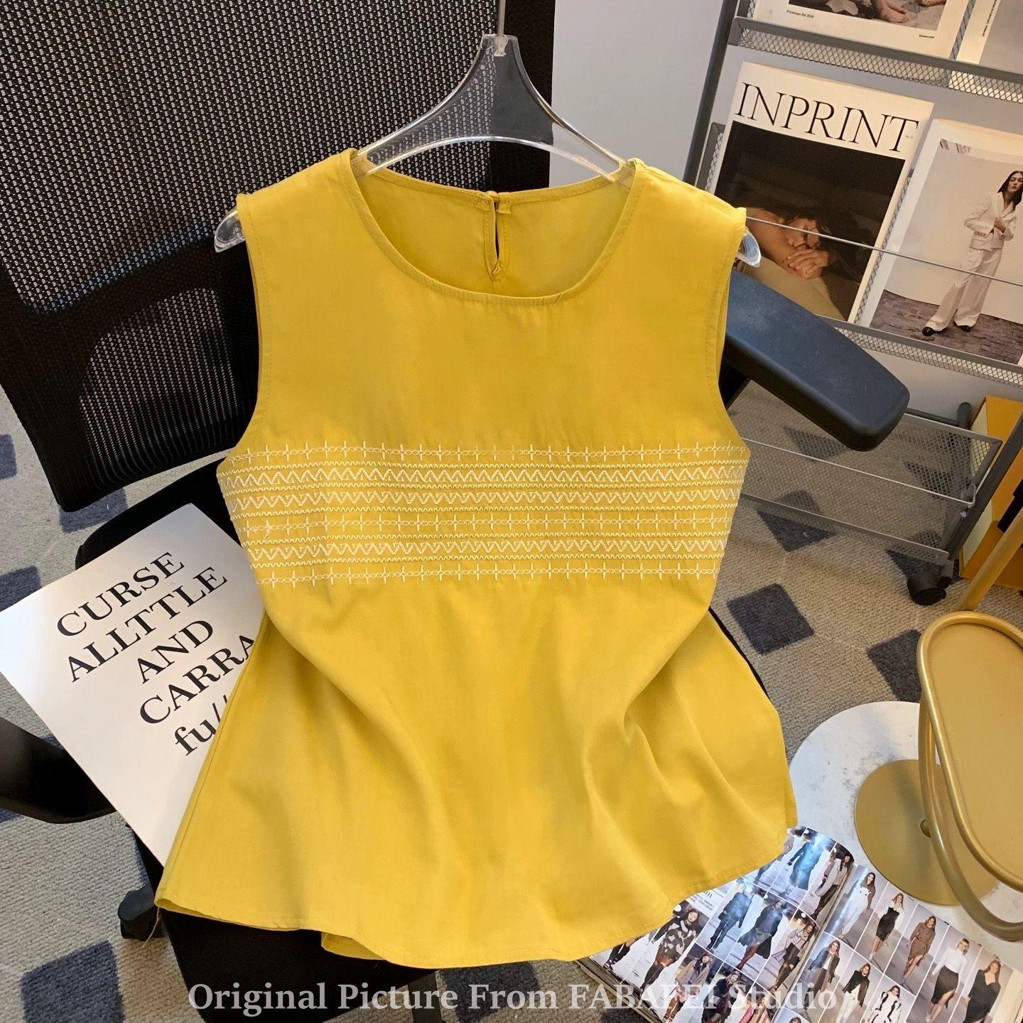 Ретро Вышитый Жаккардовый Безрукавный Жилет Женский Летний Новый Стиль Западный Желтый Льняной Маленький Топ L жёлтый