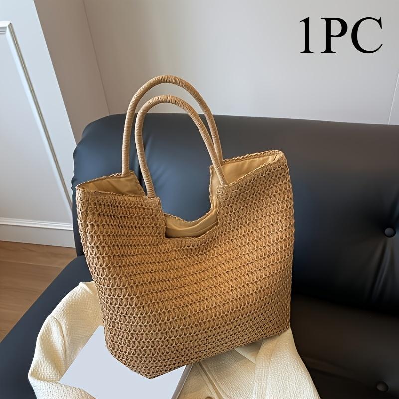 Chic Large Capacity Paper Woven Straw Tote Handbag for Women, Summer Woven Beach Shoulder Bag with Zip Closure