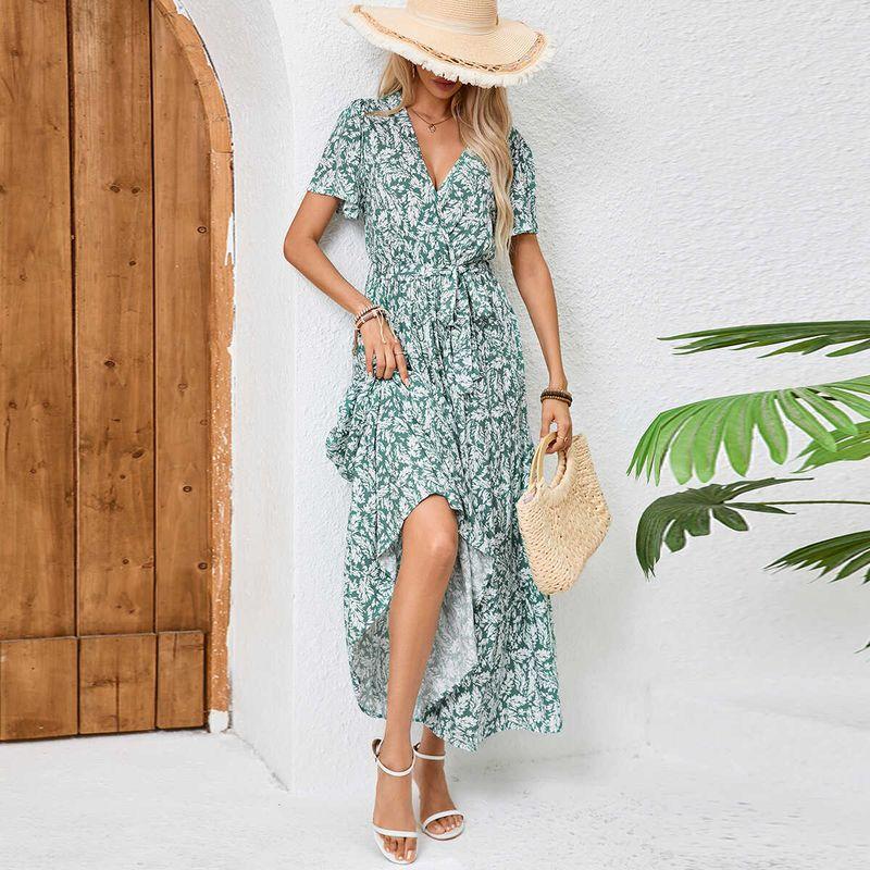

European American Summer New Women s Floral Dress Women s Short-Sleeved Tight Waist Slim Looking Elegant Bohemia Large Swing Dress Green S