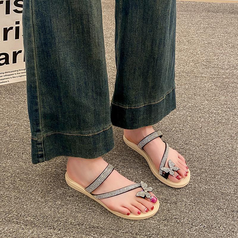 Schleifenslipper Damen Sommerbekleidung Flash-Diamant vielseitig flacher Boden rutschfest verschleißfest Schulmädchen-Mode Strandsandalen