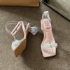 In the Autumn of 22, the New Square Head French Crystal Thick Heel Rhinestone Flower with a High Heel