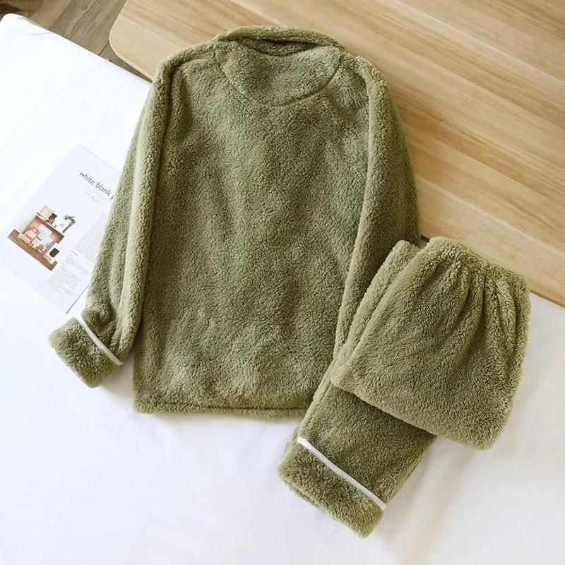 Paar Winter Flanell Pyjama Set Herren und Damen Korallenplüsch Dick Einfarbig Langarm Hose Hausanzug Zweiteiliges Set