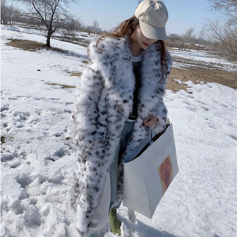 FiveFive Women's Winter Imitation Fox Fur Young Leopard-print Fur Coat Long Knee-length Mink Coat