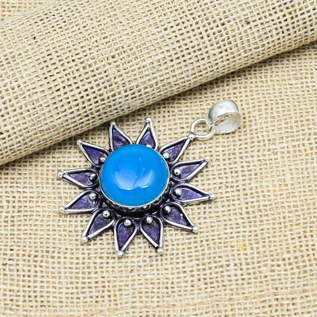 Blue Chalcedony Gemstone 925 Sterling Silver Handmade Jewelry Pendant For Thanksgiving Gift