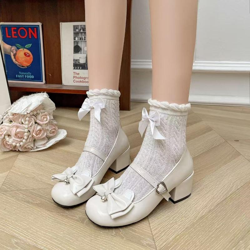 Damen Niedliche Lolita Cosplay Schuhe Schleife Mittelhoher Blockabsatz Plateau Jane Pumps Schnallenriemen Prinzessin Uniform Tragen Rosa Weiß