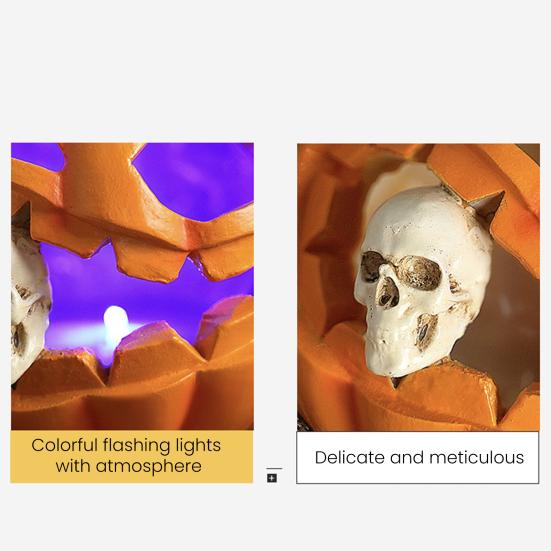 Halloween Pumpkin Sculpture with Light Spooky Pumpkin Figurine with Skull Resin Table Ornament for Home Office Decor
