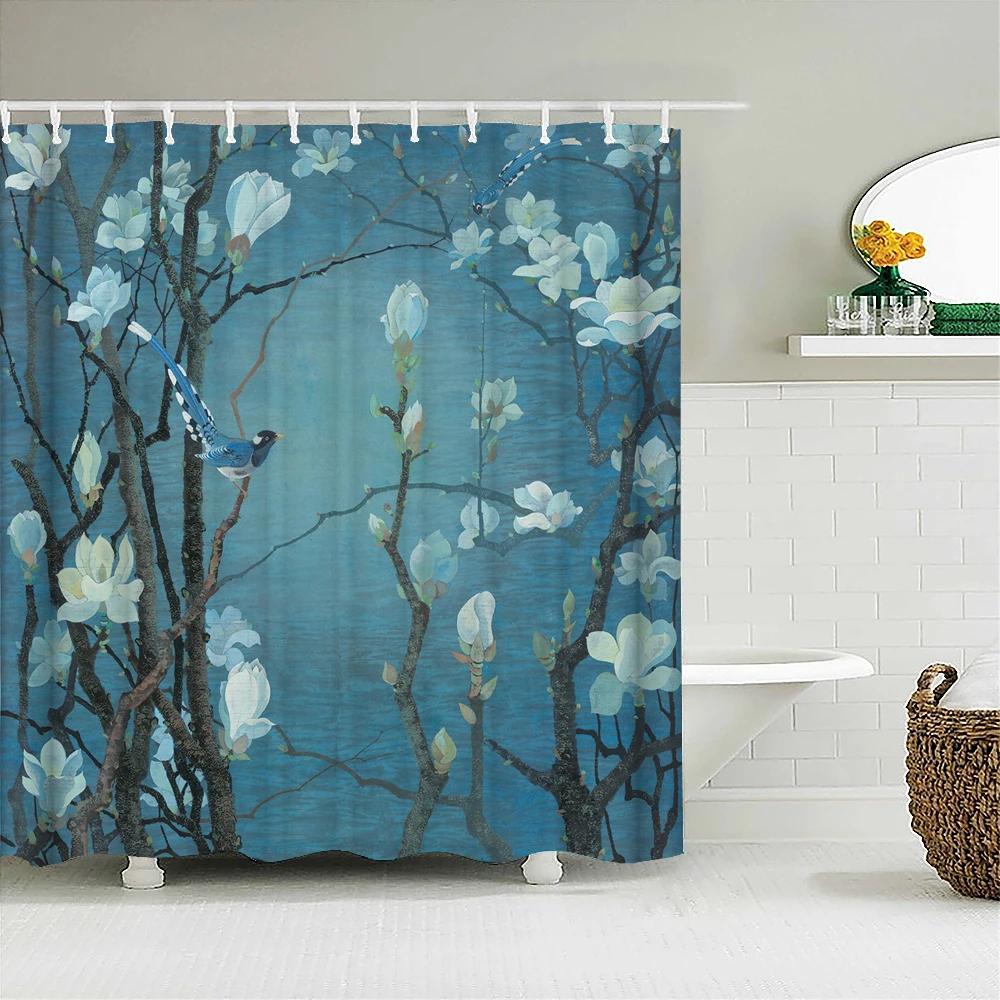 Chinese stijl bloem en vogels boom douchegordijnen badgordijn waterdicht badkamer decor met haken 3d printen badgordijn 120x180cm-47x70in