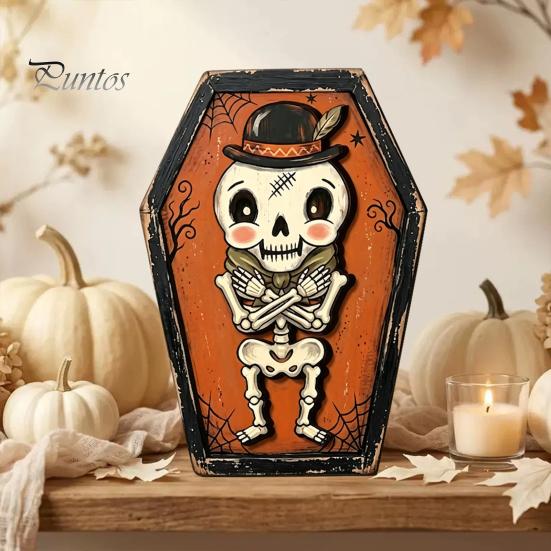 Fall Farmhouse Tabletop Centerpiece Vintage Halloween Wooden Decor, Cat Mummy Skeleton Figurines, Decorative Signs for Fireplace Shelf Mantel