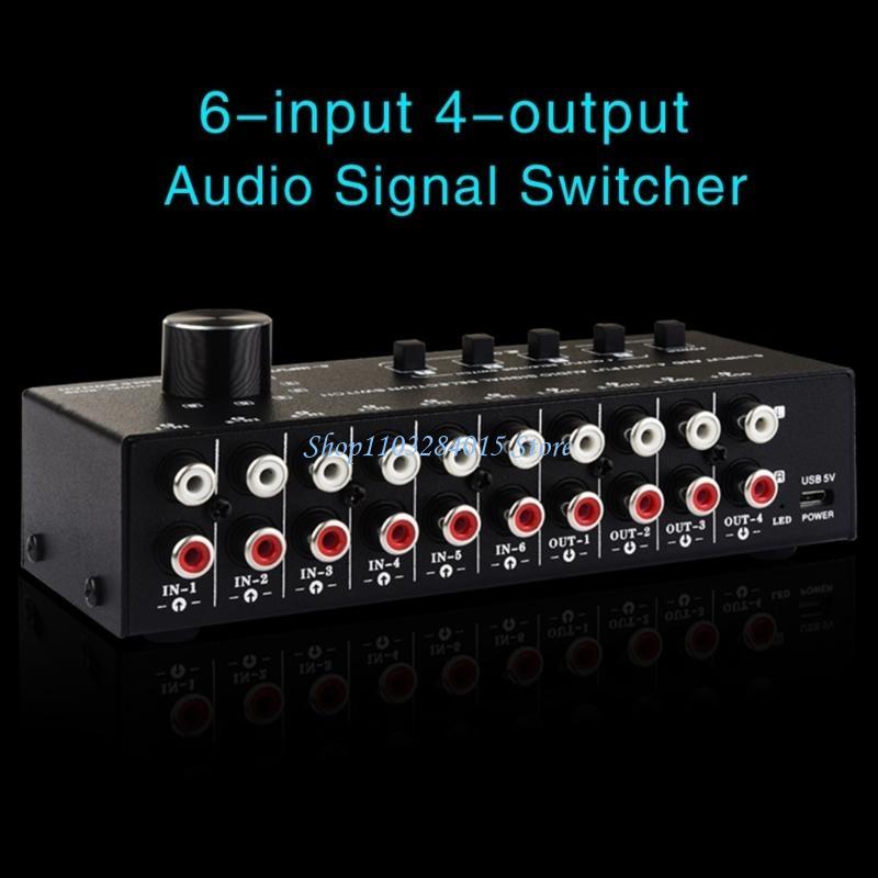 R6FF Seletor de Som Estéreo Switcher 6 Entradas 4 Saídas Divisores de Som Switcher Caixa Seletora de Som Botão Seletor de 6 Canais