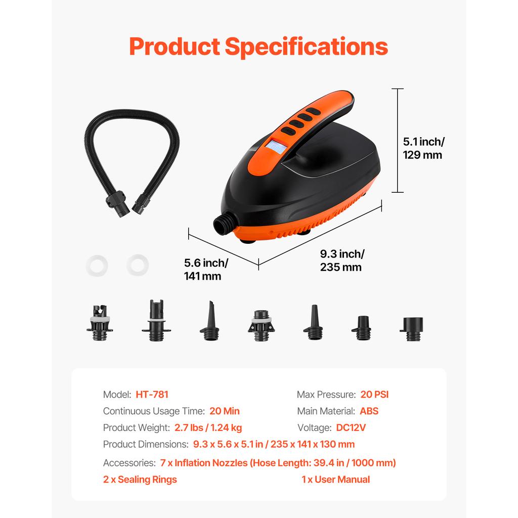 SucceBuy 20/22/40 PSI Stand-Up-Paddleboard-Pumpe Wiederaufladbar Akkubetrieben Automatische Abschaltung 12V DC Autoanschluss LED-Licht Ideal für Matratzen