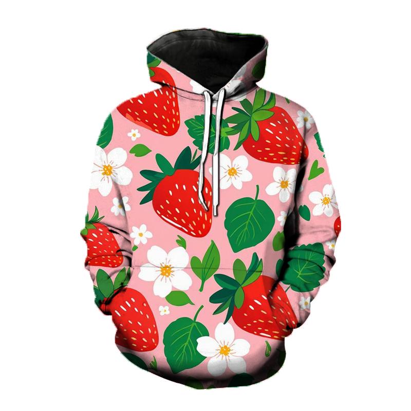 Dámska mikina s 3D potlačou jahody Roztomilý ovocný vzor Voľný ležérny top s dlhým rukávom Módna pohodlná unisex mikina