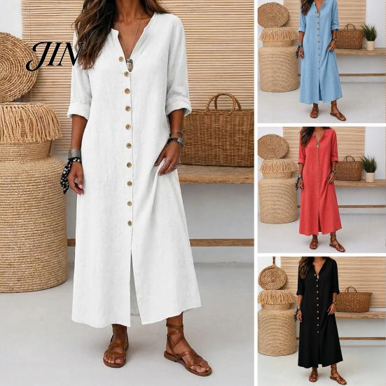 Casual Jurk voor Dames Zomerse Knopen Lange Jurk, Losse V-hals Tunique voor Dagelijks Gebruik Opgerolde Mouwen Vakantie Loungewear Middellang