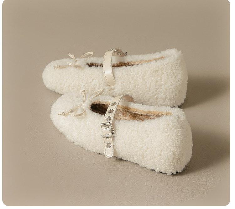 Bow inner heightening fluffy shoes new winter flat cotton shoes with Mary Jane ballet shoes fairy
