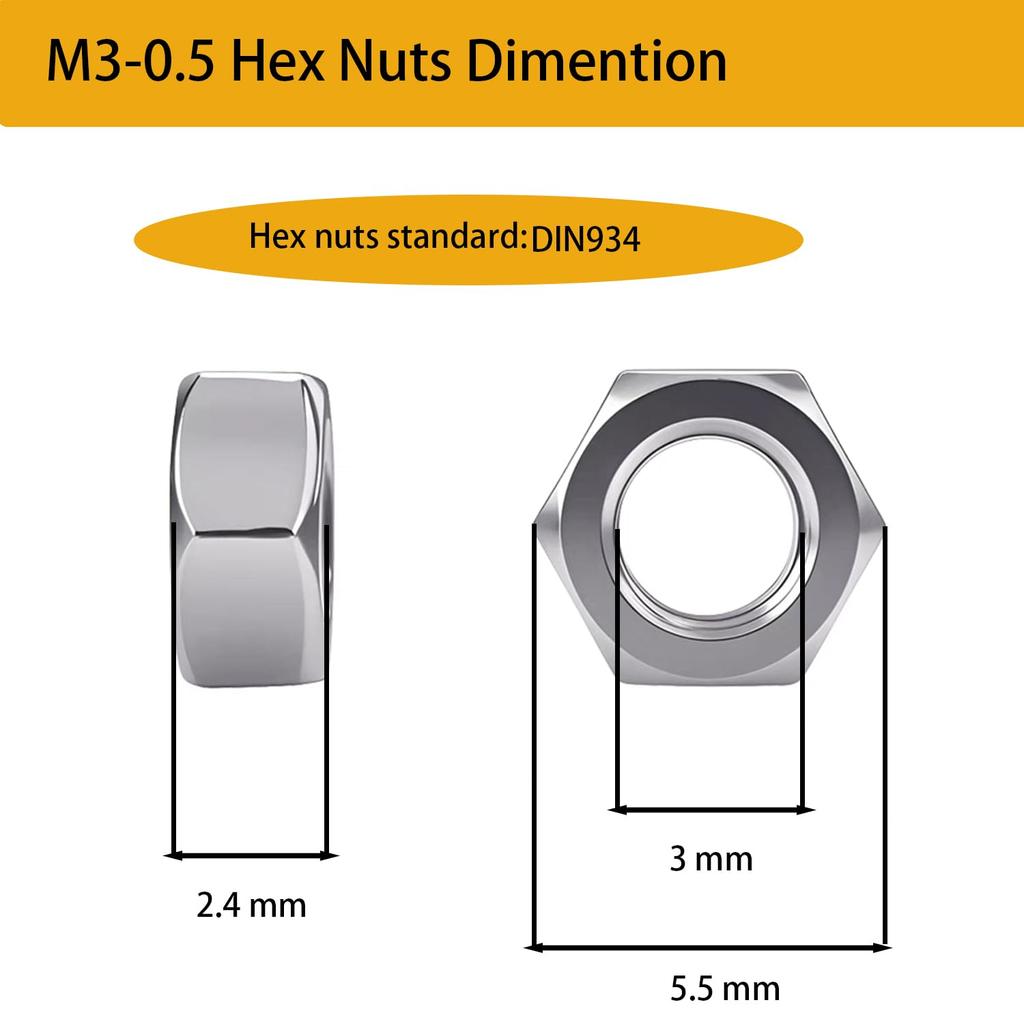 170pcs M3-0.5 Hex Nuts 304 Stainless Steel High Strength Anti-Rust Nut Kit for Machinery, Electronics, Furniture