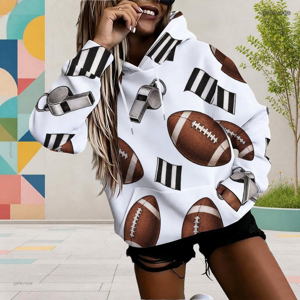 Women Plus Size White Football Star Print Long Sleeve Drawstring Hood Kangaroo Pocket Pullover Hoodie