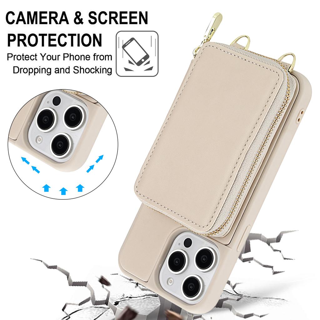 For iPhone 15 Pro Case RFID Blocking Zipper Wallet Leather + TPU Phone Cover with Shoulder Strap