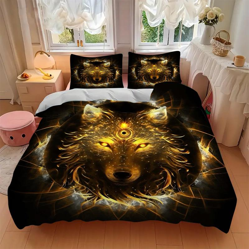 3pcs Golden Wolf Bedding Set - Includes 1 Quilt Cover and 2 Pillowcases, Comfortable Bedding with Stylish Design for Bedroom, Machine Washable -
