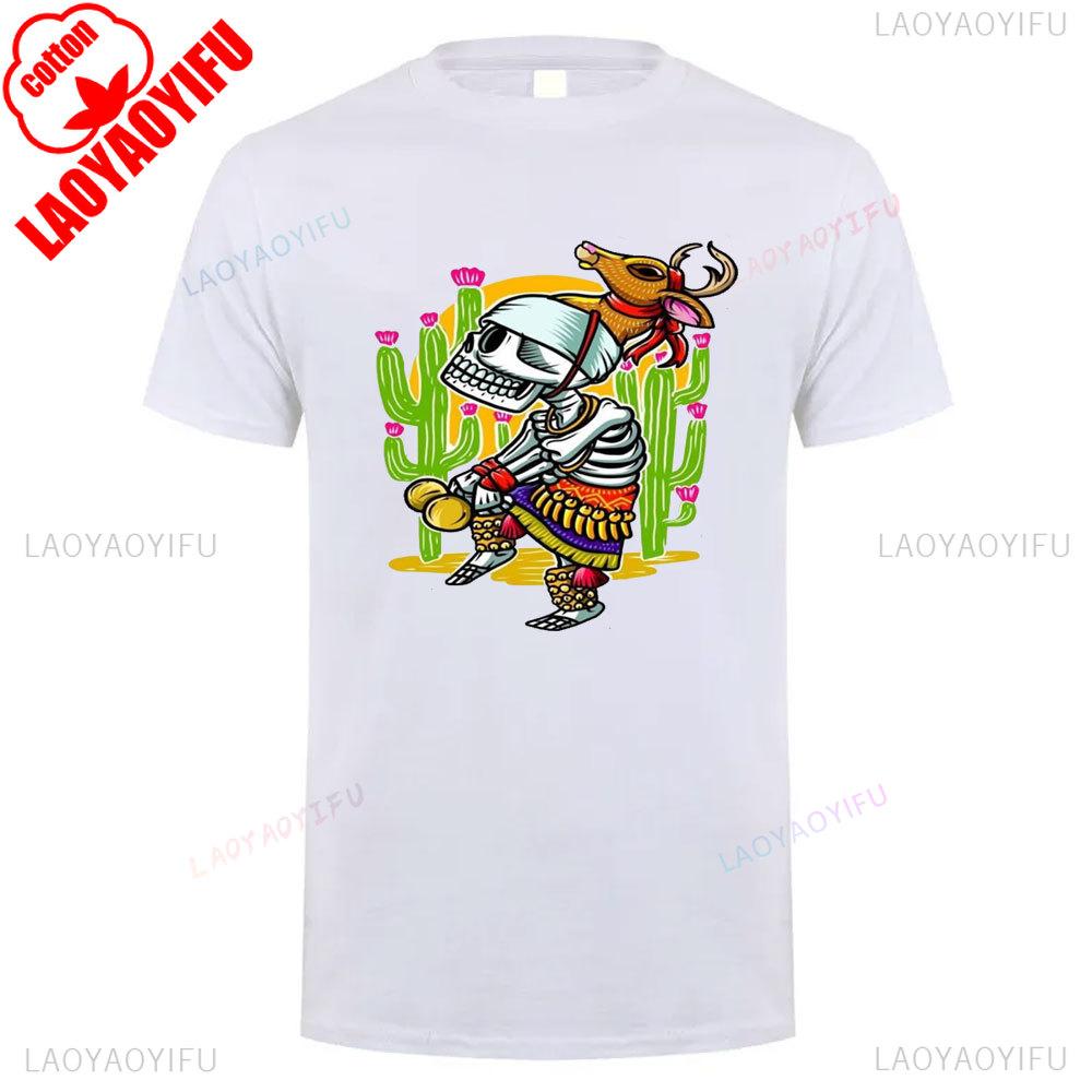 Mexican Skull Pattern Cotton Summer Tee Unisex Short Sleeve Round Neck Retro Style Graphic Shortsleeved Launched Casual Tshirt