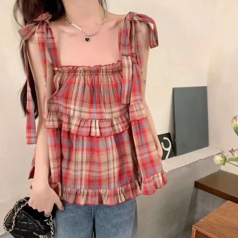 

Y2K Summer Crop Top Women Vintage Lace Up Plaid Strap Sleeveless Tank Tops Japan Green Casual Streetwear XS красный
