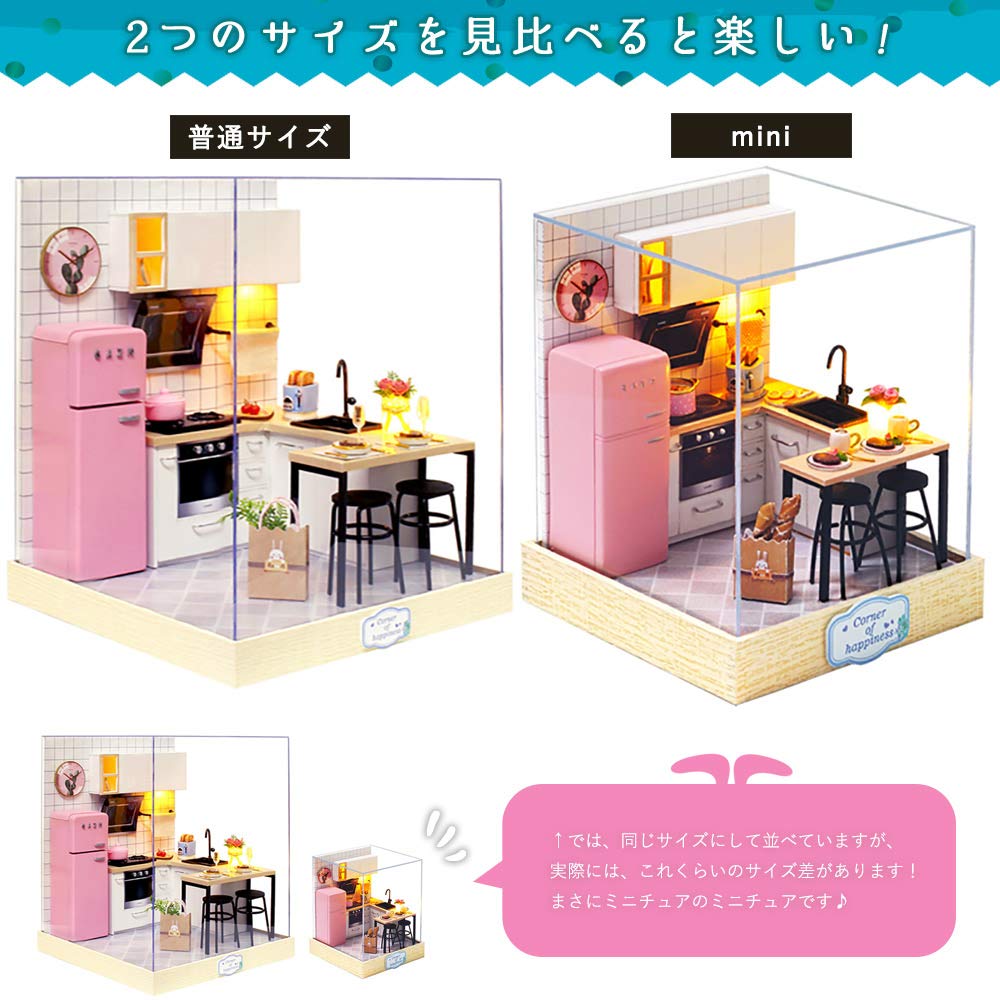 moin moin Scale Dollhouse Miniature DIY Kit Set Bunny House Collection for Beginners Pink Rabbit with Two Size Settings LED Light Acrylic Case