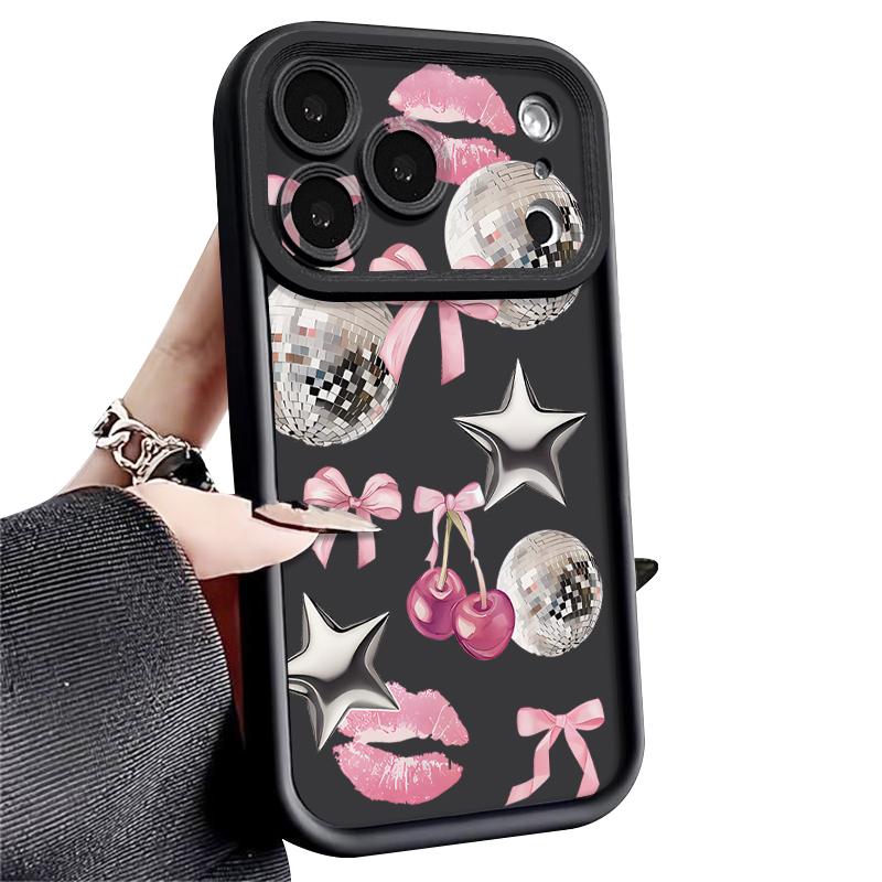 Cherry Bowknots Lips Disco Ball Case For iPhone 17 Pro Max Shockproof Silicone Bumper Cover For iPhone 16 Pro Max Funda iPhone 15 14 13 12 11 16E