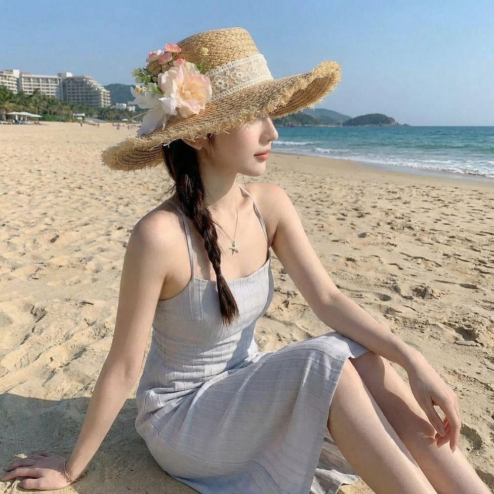 Wide Brim Lace Flower Straw Hat Boho UV Protection Cap Comfortable To Wear Weave Flat Cap  Travel