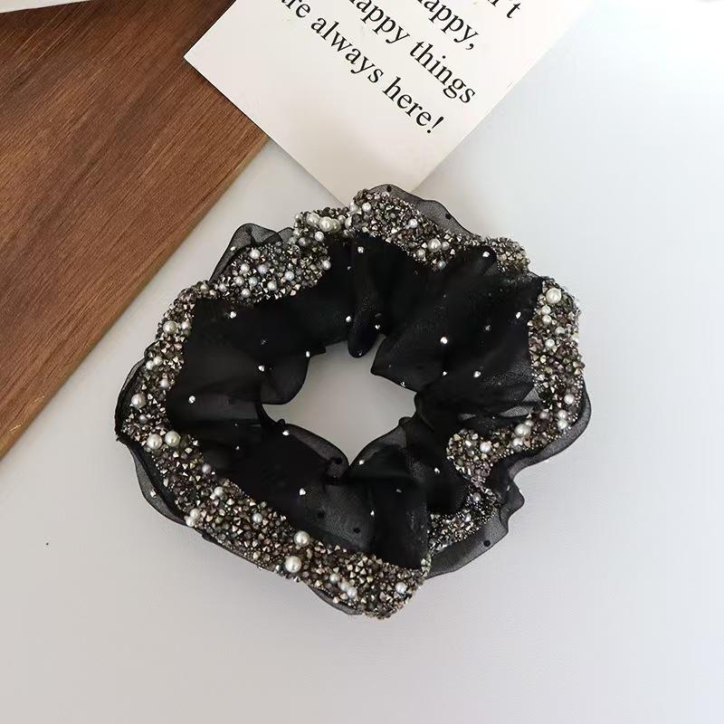 

1PC Organza Rhinestone Elastic Hairband Large Intestine Hair Ring Hair Rope Headdress Simple Head Flower New Headdress Hair чорний
