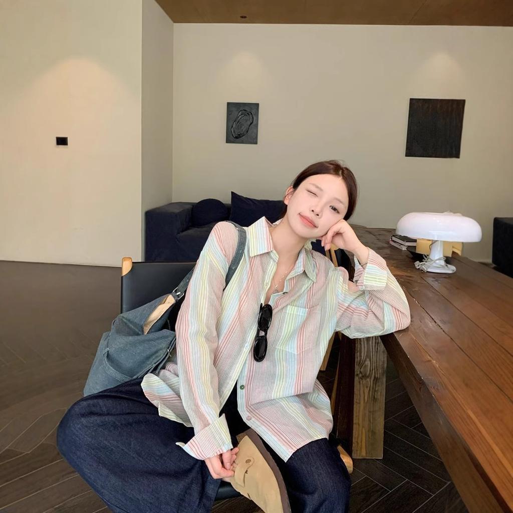High-end Design Color Button Striped Shirt for Women In Spring and Autumn New Chic Sun Protection Casual Long-sleeved Top Jacket