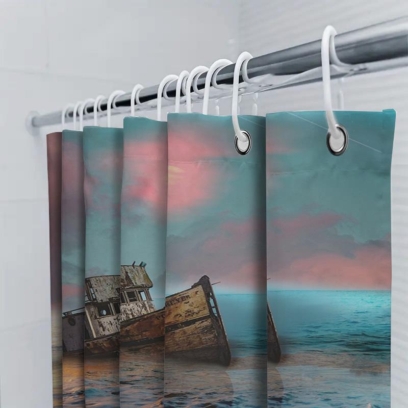 Boat Bath Mat Set Modern Waterproof Shower Curtain With Sunset Sky Scene For Bathroom Decoration. (59 Characters)