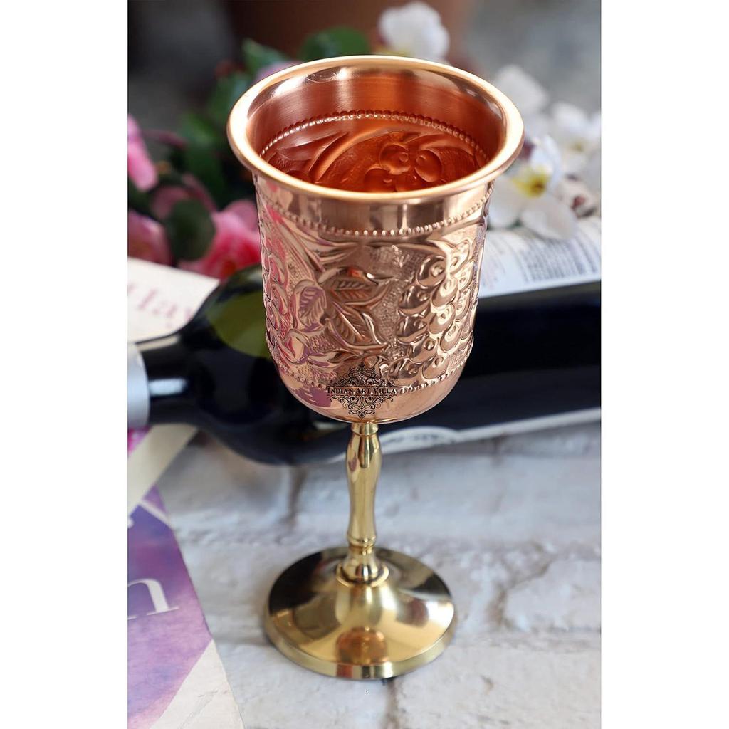 Pure Copper Wine Glass with Grape Vines Embossed Design & Brass Bottom, Serving Drinking Wine Cocktail Bar Hotel Restaurant, Volume-300 ML