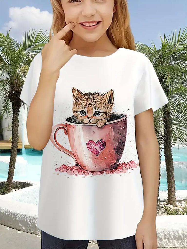 Fun Girl T-shirt Summer Short Sleeved Top Cartoon Animal Cat 3D Printing 2025 Girl Clothing