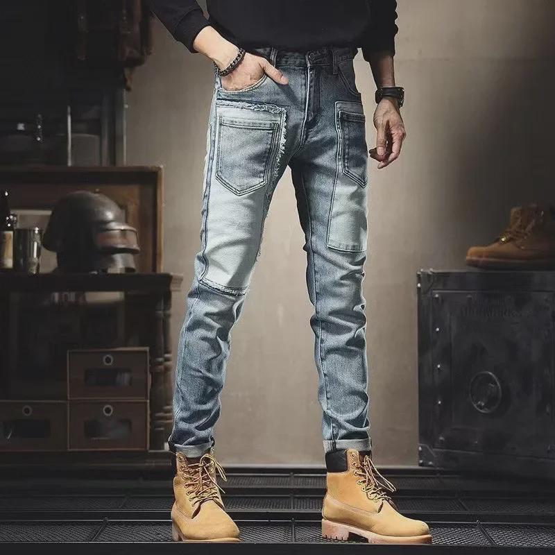 Pánské trendy záplatované roztrhané úzké džíny: Podzimní & Zimní Kalhoty Slim Fit