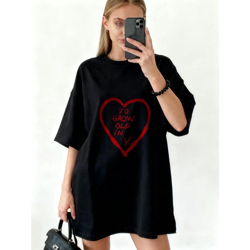 Oversized T Shirt Dress Black Heart Print To Grow Old In V Casual Wear