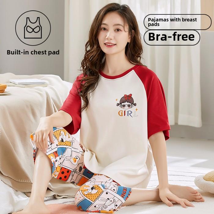 2025 Sommer Damen Pyjama Set mit Brustpolster Weich locker Kurzarm Oberteile und Caprihosen Zweiteilige Nachtwäsche Lingerie Homewear