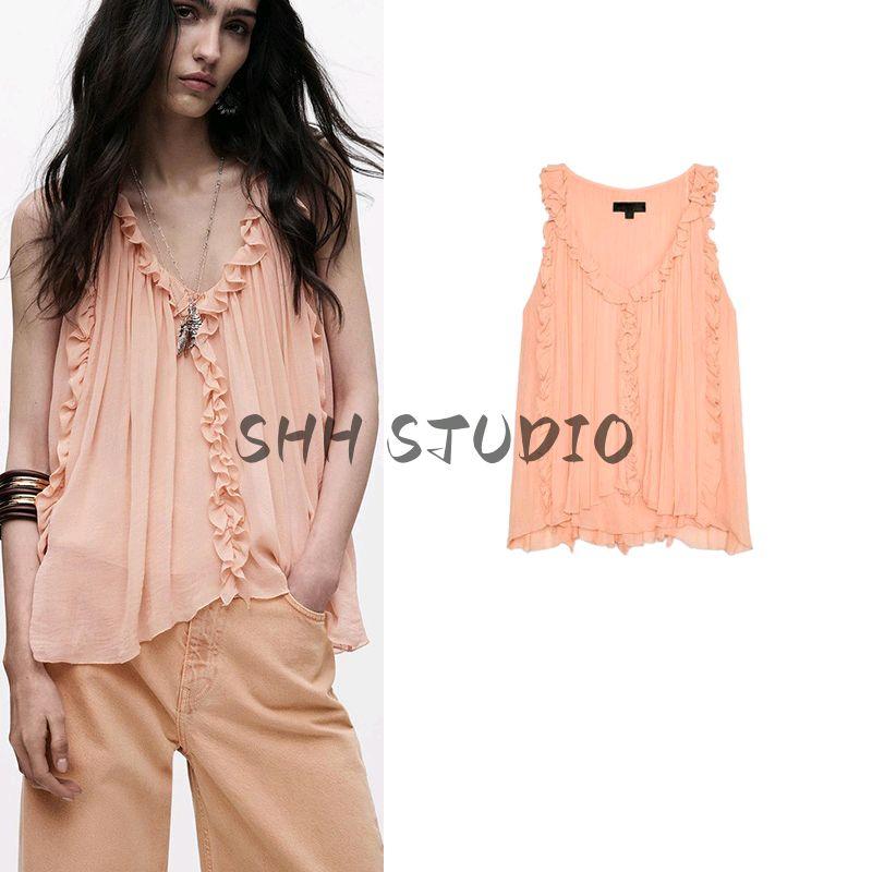Spring and Summer New Women's Clothing Sweet Style Asymmetric Hem Laminated Decoration V Neck Sleeveless Tops 2917219