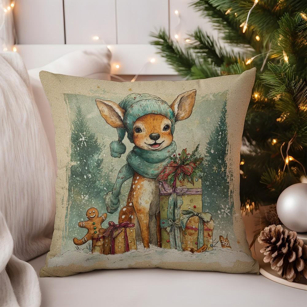 Home Decor Santa Sleigh and Reindeer Merry Christmas Pillow Pattern Cushion Cover Suitable for Sofa Bedroom Car Pillow Cover