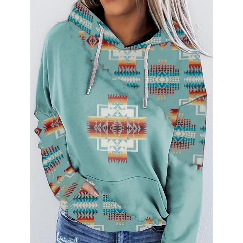 Women's Casual Fashion Round Neck Pullover Hoodie with Western Ethnic Vintage Print