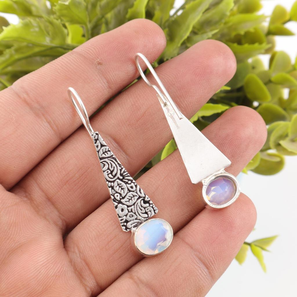 Bijoux en Pierre Précieuse Opale Laitée, Boucles d'Oreilles en Argent Massif Sterling 925, Boucles d'Oreilles Glorieuses en Argent Fait Main, Bijoux en Argent Opale pour Cadeau de Mariage