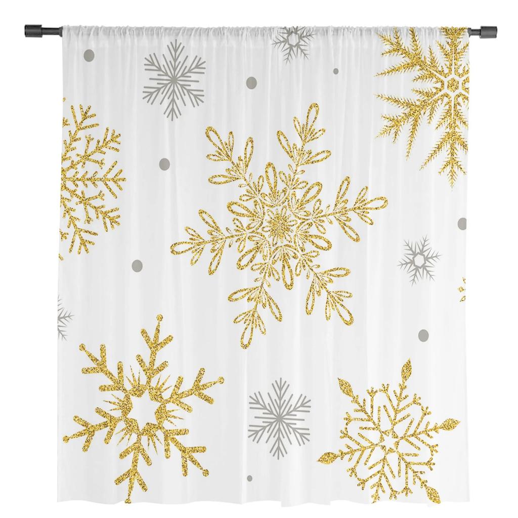 Christmas Golden Snowflake Texture Sheer Curtains For Living Room Bedroom Tulle Curtain For Kitchen Voile Curtain Blind Panels