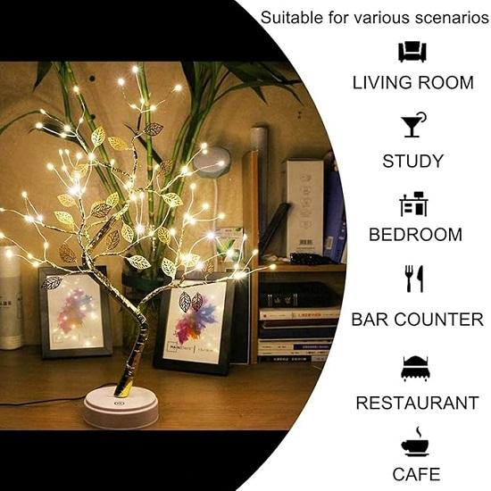 Bonsai Led Desk Tree Lamp, Desk Table Decor Pearl LED Lights for Home, Bedroom, Indoor, Wedding Party, Decoration Touch Switch Battery Powered