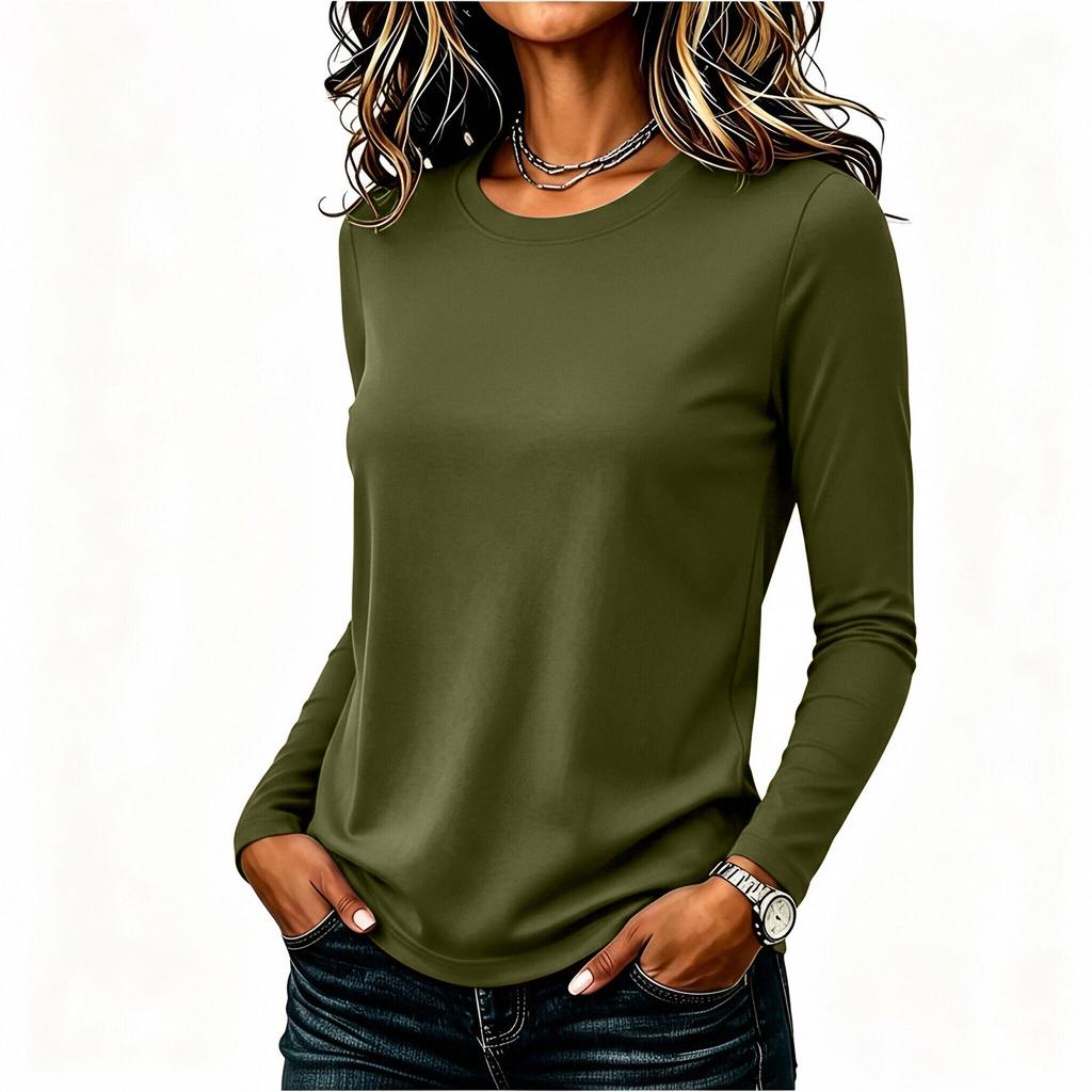 Women's Casual Long Sleeve Solid Color Crew Neck Shirt Lightweight Soft Fabric Relaxed Fit Everyday Wear