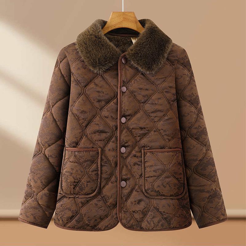 Stylish Floral Velvet-Enhanced Cotton Jacket for Middle-Aged Women - Short, Warm Autumn/Winter Wear for 50+.