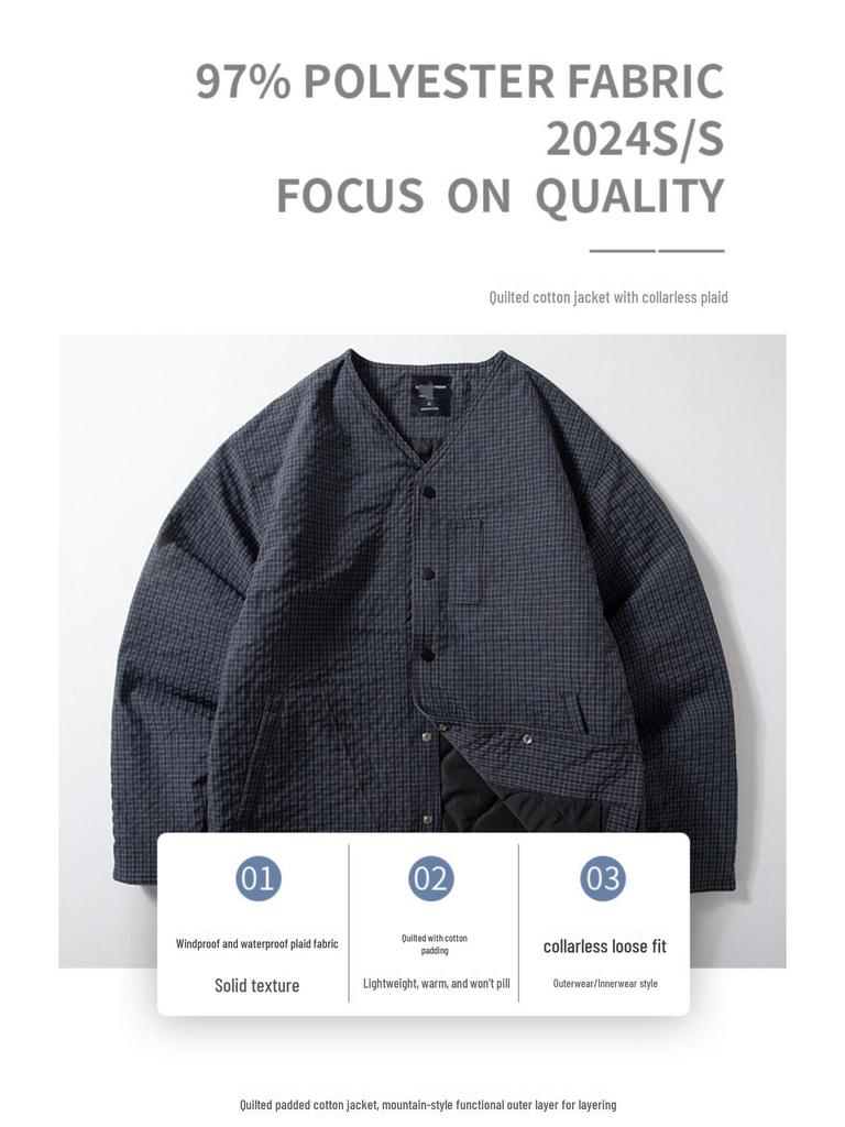 Retro Kragenlose Stepp karierte Baumwolljacke für Herren - Japanischer Stil Warme Schicht