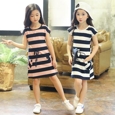 Summer Children's Clothing Girls Korean Dress, Big Children's Short-sleeved Striped Skirt Skirt Girl Stretch Skirt