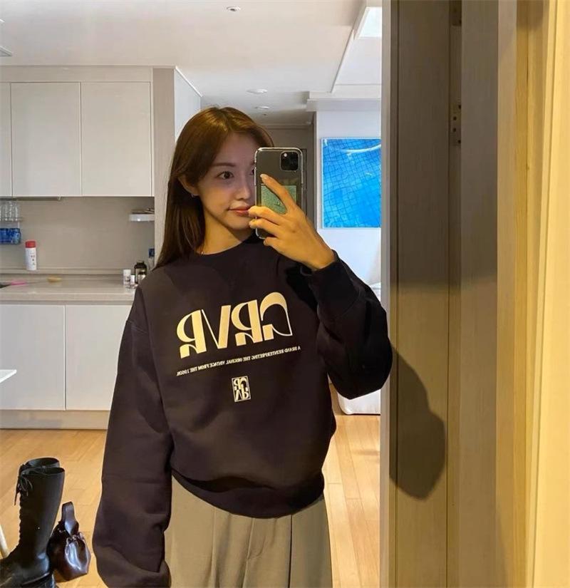 

Корейский стиль Grove свободный повседневный свитер с круглым вырезом и принтом в виде пены с буквами для женщин One Size темно-синий